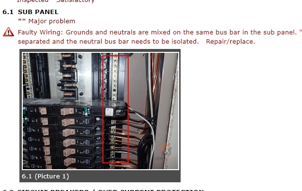 inspection report noting AFCI installation issue in sub panel